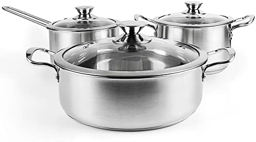 Stainless steel pot set,6 Piece Kitchen Induction Cookware Sets with Glass Lids, Stay Cool Handle, Works with Induction, Electric and Gas Cooktops, Oven Safe，Dishwasher