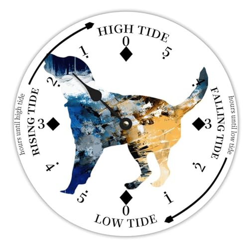 Labrador Retriever Dog Silhouette Colorful Ink Farmhouse Wood Tidal Clock Nautical Moon East Coast Ocean Time High And Low Tide Wooden Clock for Beach House Home Sailing Gifts for Fisherman 10in