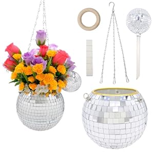 6″/8″ Disco Ball Planter with Plant Watering Globe, Chain, Hook, Wooden Stand, Disco Ball Planter for Indoor Plants, Plant Pots for Garden Home Porch Decor Plant Hanger(Silver, 6″)