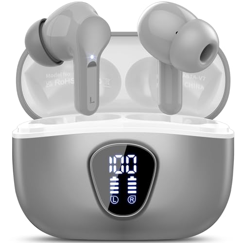 BESNOOW Cuffie Bluetooth, Auricolari Bluetooth 5.3 Stereo HiFi con 4 HD Mic, Cuffie Wireless In Ear ENC Cancellazione Rumore, 40 Ore LED Display Touch Control, Cuffiette Bluetooth IP7, grigio