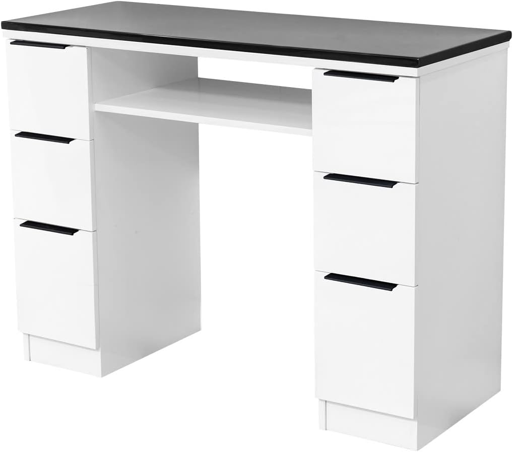 Pibbs PB1045 Martino Manicure Table - White Salon Nail Table with 6 Storage Drawers, Durable Black Stone Top, Brushed Black Metal Handles, Professional Spa Furniture