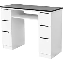 Pibbs PB1045 Martino Manicure Table - White Salon Nail Table with 6 Storage Drawers, Durable Black Stone Top, Brushed Black Metal Handles, Professional Spa Furniture