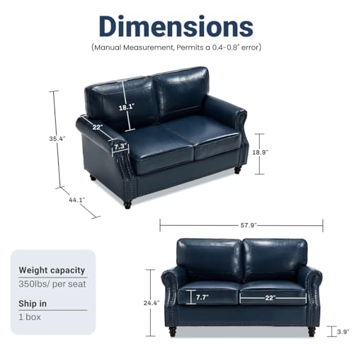 Image of Kingfun Loveseat 2 Seater Couch with Chair, Mid Century Modern Faux Leather Sofa Set with Rolled Arms and Deep Seats, Fluffy Comfort for Living Room, Apartment, Easy Assembly, Blue