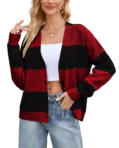 Image of YEXPINE Unisex Striped Cardigan Sweaters Open Front Long Sleeve Oversized Button V Neck Knit Outwear