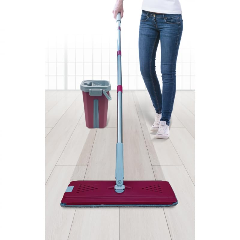VENTEO Escoba Escurridor Extra grande con cabeza giratoria 360° | Cubo doble compartimento de limpieza y estorbado | 4 fregonas de microfibra lavable | Mango XL 130 cm con rótula con clips