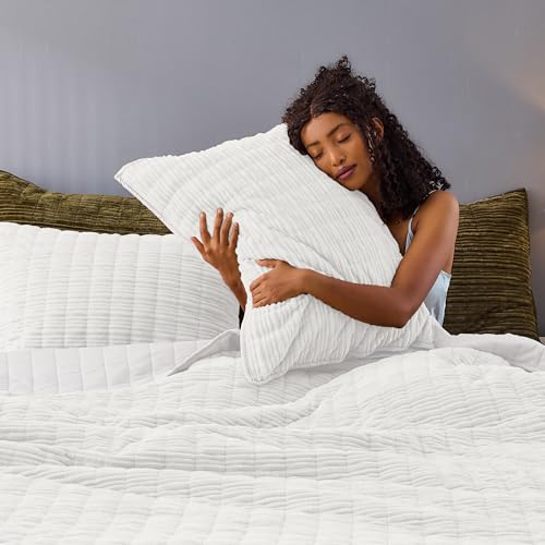 Image of Wonderful Corduroy Texture Ivory Quilt Set Queen - Hypoallergenic Skin-Friendly Soft Plush Velvety Touch Bedspread, Classic Vertical Striped Lightweight Coverlet for All Season, 94 inchx94 inch