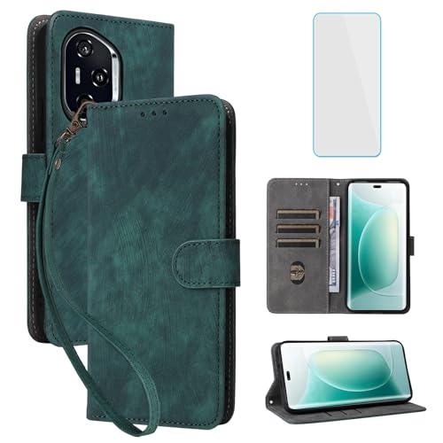 Étui Honor 400 5G housse portefeuille en cuir vert avec protège-écran