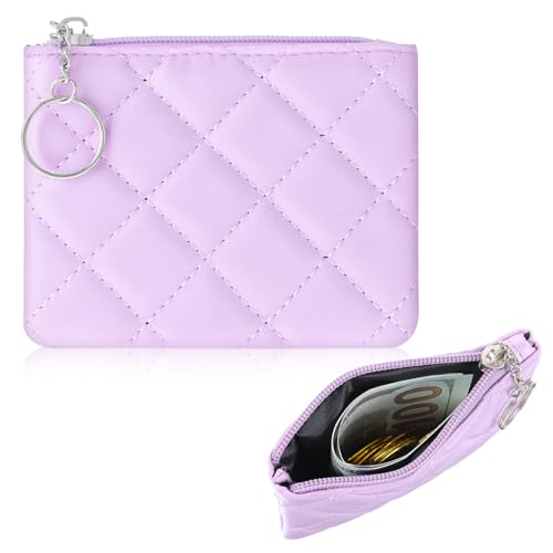 Ymapinc Coin Purse for Women Small Coin Pouch Mini Zipper Pouch Purple Rhombus PU Leather Coin Pouch Portable Zippered Mini Coin Bag with Keyring for Women Girls