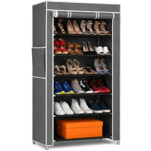Image of EASY BUY Economy 6 Shelf Shoe Rack with Cover, Plastic Rack 6 Shelves with Zip Door Cover & Side Pocket | Dustproof Storage Organizer for Footwear, Clothes, Toy, Shoe Rack Plastic, Slipper Stand, Grey
