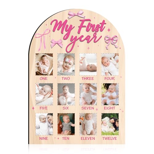 Rngmsi My First Year Photo Board - Pink Bow Wooden Picture Frame, 12 Month Baby Girl Milestone Wood Photo Display Board, Coquete One Year Old Birthday Decorations, 1st Birthday Keepsake Gift