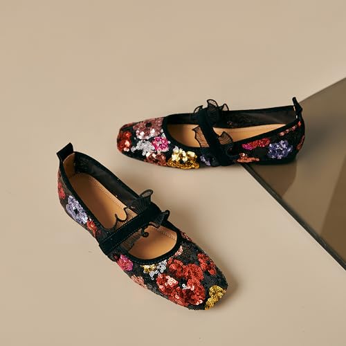 Mesh Mary Jane Ballet Flats Women Sequins Flower Square Toe Flats Ladies Comfortable Embroidered Slip on Soft Ballerina Shoes3
