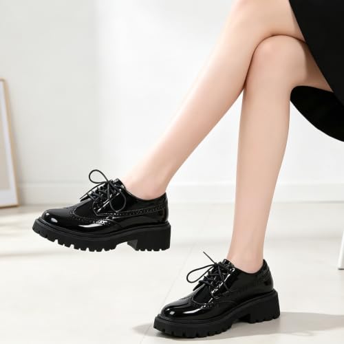 Image of Oxford Shoes for Women Patent Platform Non‑Slip Work Dress Casual Shoes | Polishable patent leather platform oxfords, non slip flats for work, school formal, business & casual daily dress wear