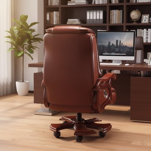 Image of Lakdi The Furniture High Back Luxury Director & Executive Chair Office Made in Plyboard with Leatherette & High Density Foam, Recliner Feature and Double Wheel with wooden Polish - 111011330 Tan Brown