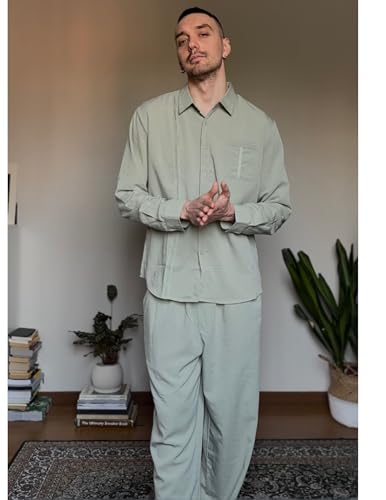 COOFANDY Herren-Leinen-Set, 2-teilig, langärmelig, Knopfleiste, kubanisches Hemd und Hose, Set für Sommer, Strand, Outfit, Hellgrün, Large