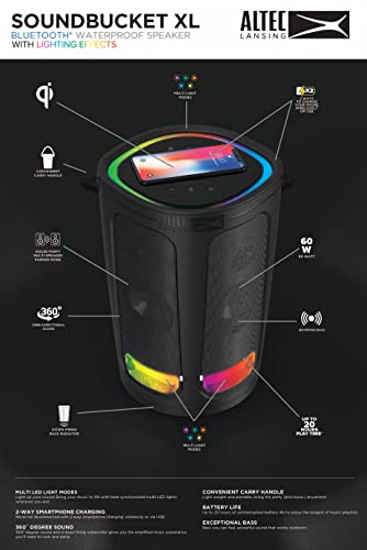Image of Altec Lansing Soundbucket XL - Waterproof Bluetooth Speaker with Customizable LED Lights, Qi Wireless Charging, 20 Hours Playtime & 100 Foot Range