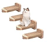 4 Stück Katzentreppe Wand: Holz Katzen Kletterwand aus Massives Gummiholz, Katzenleiter Set, Katzenwandstufen für Kletterspaß und entspannte Ruheplätze zu Hause, Stabile Wandliege bis 20 kg