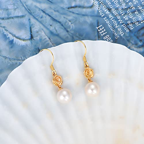 Muuyon 14K Gold Pearl Earrings For Women Real Solid Gold 8Mm Freshwater Cultured Pearl Dangle Drop Earrings With Rose Flower, Birthday Jewelry Gift For Her #TOP1