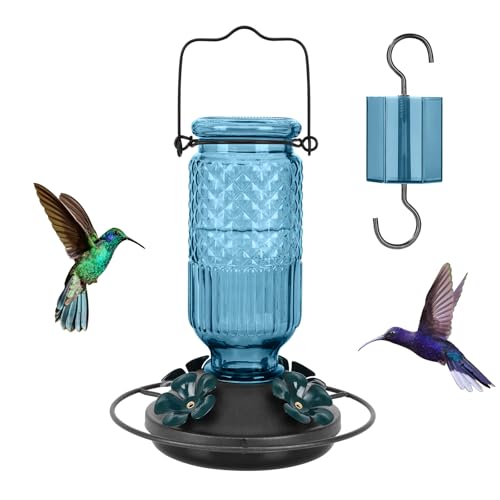 FEED GARDEN Glass Hummingbird Feeder for Outdoors Hanging, 16 OZ Humming Birds Feeders with 4 Bee Guard Feeding Ports & Built-in Ant Moat, Hummingbird Gifts for Mom, Bird Feeder for Outside, Blue