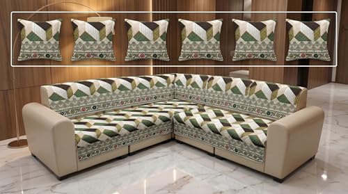 Image of Luxury Sofa Cover L Shape 6 Seater with Matching Cushion Cover 16x16 inch - Royal Green Chevron 3+3 Seater (6 Seater) Quilted Sofa Cover Set Pack of 11, Washable, Green Multicolor