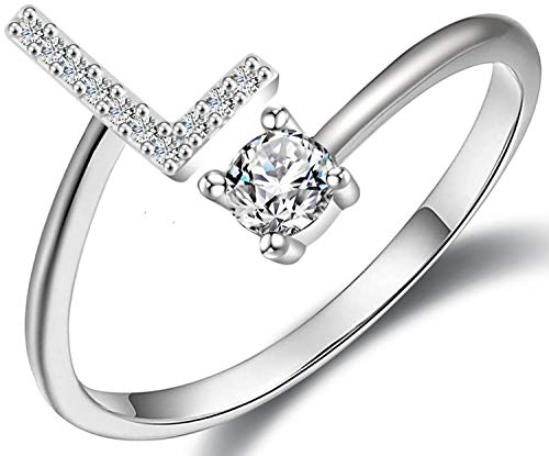 Haoze Initial Letter Ring for Women Girls Silver Stackable Alphabet Rings with Initial Adjustable Crystal Inlaid Initial Rings Bridesmaid Gift(L)