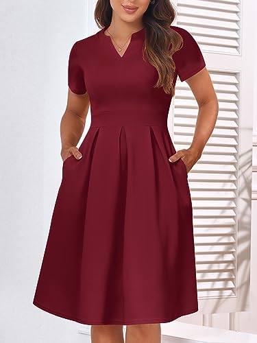 Image of YATHON Womens Elegant Print Notched Neck Slant Pocket Pleated Hem Casual A-Line Dress
