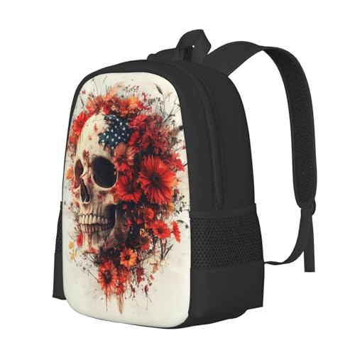 Image of Floral Skull Print Backpack For Men Women Lightweight Daypack For Daily Commutes Business Travel Hiking