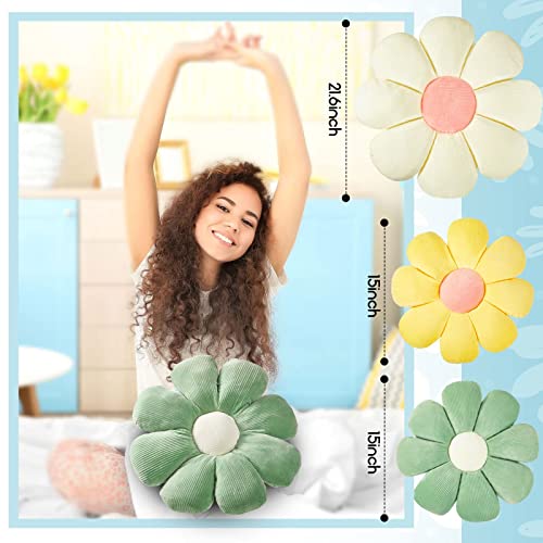 Yulejo 3 Pcs Daisy Flower Shaped Throw Pillow Cute Floor Cushion Seating ,Room Decor Flower Floor Pillow Cushion For Reading (White, Green, Yellow, 15/ 15/ 21.6 In) #TOP1