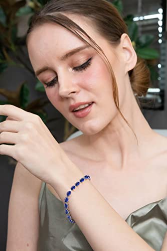 B. Brilliant Sterling Silver Created Blue Sapphire 7X5Mm Oval Link Tennis Bracelet For Women Girls #TOP2