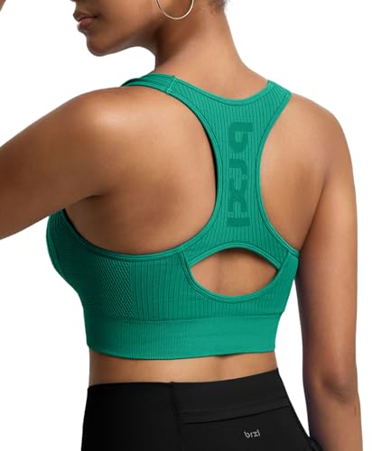BRXL Front Zip Sports Bra Seamless Sewn in Pads Racerback Wide Straps Medium Impact for Running Yoga Gym Forest Green M — view 2