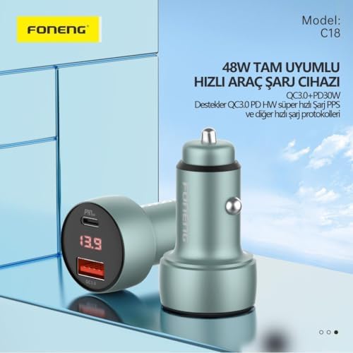 Foneng C18 48W 1xUsb 1xType-C Giriş Dijital Göstergeli Araç içi Çakmaklık Şarj Aleti - Görsel 2