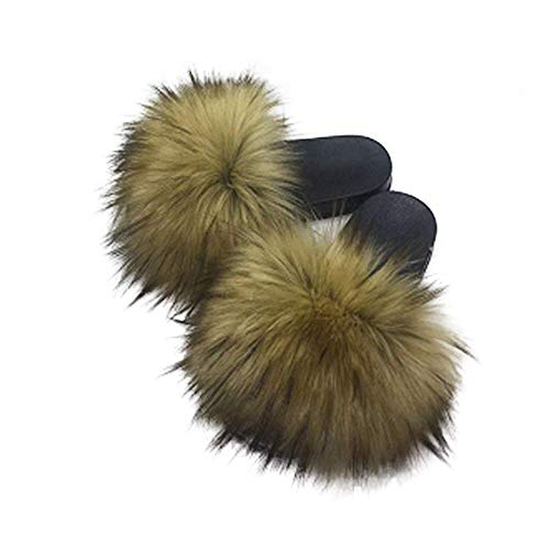 Image of Women's Faux Fur Slides Slippers Fluffy Fuzzy Sandals Open Toe Furry Slide Flip Flop Indoor Outdoor
