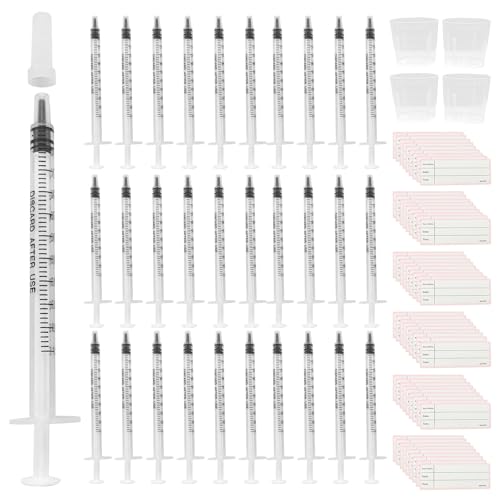 50 Pcs 1ml Syringes With Caps No Needle Colostrum Syringe Breast Milk Collector with 4 20ml Measuring Cup and 54 Stickers for Refilling and Measuring Liquids Plant Watering Pet Feeding