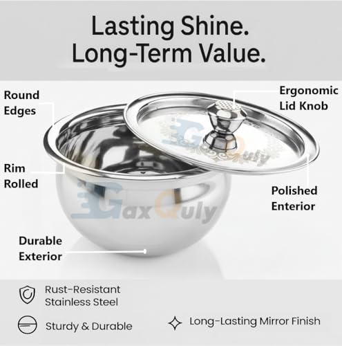 Image of Stainless Steel Cook and Serve Handi Panjabi Biryani Serving Bowl Milk Pot Pan Patila with Lid Laser Finished Gas & Induction Compatible Multipurpose Utensil 500 ml (2pcs, Steel)