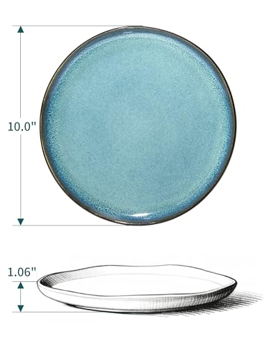 Image of Pokini 10 Inch Ceramic Dinner Plates Set of 6, Wavy Rim Stoneware Plates | Reactive Glaze Plate Set, Microwave & Dishwasher Safe, Scratch Resistant, Ideal for Steak, Pizza, Lunch, Serving, Green Black