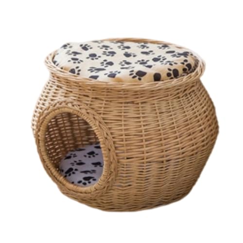 AOPIPI ペットハウス、ドームベッド、二段式、藤と籐の猫用ベッド、手編みの天然柳の枝と籐、通気性、四季通用、室内装飾、夏涼しい、畳付き (C)