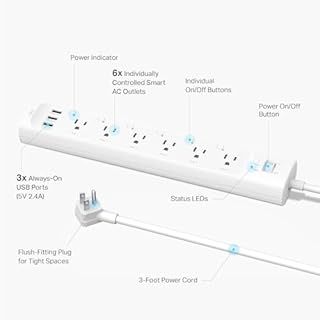 Tapo Smart Wi-Fi Power Strip - Matter Compatible, Energy Monitoring, Surge Protection, 6 Individually Controlled Outlets & 3 USB Ports, Works with Alexa, Google Assistant, Siri & Bixby - Tapo P316M