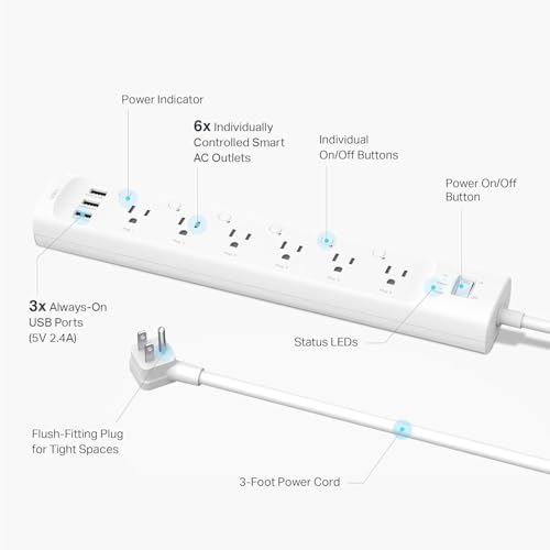 Tapo Smart Wi-Fi Power Strip- 6 Individually Controlled Smart Outlets and 3 USB Ports with Surge Protection, Matter, Works w/Alexa, Google Home, Siri, & Bixby, No Hub Needed, Tapo P316M - Image 3