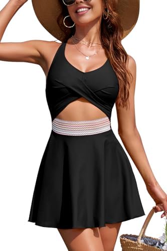 SHEKINI Badpak voor dames, buikweg, elegant, eendelig, V-hals, hoog getailleerde badpakjurk, badrok, badmode, racerback, geknoopt, zwart, M
