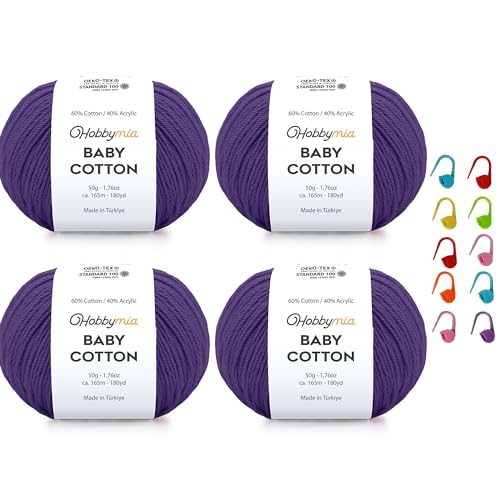 Image of Baby Cotton Blend Yarn - Soft Sport Weight Yarn for Crochet & Amigurumi - 50g /180yds - 60% Cotton 40% Acrylic - Ideal for Baby & Knitting Proj. & 10 Stitch Markers(Dark Levander, 4 Balls)