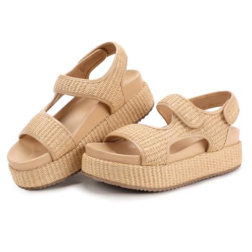 IDIFU Natural Raffia Platform Sandals Women Espadrille Flatform Chunky Round