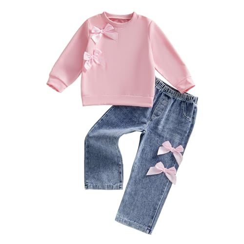 Image of Yigubigu Kids Toddler Girls Clothes Spring Fall Outfit Long Sleeve Bow Decorated Sweatshirt Jumper Elastic Waist Jeans Straight Pants Set (Pink, 3-4T)