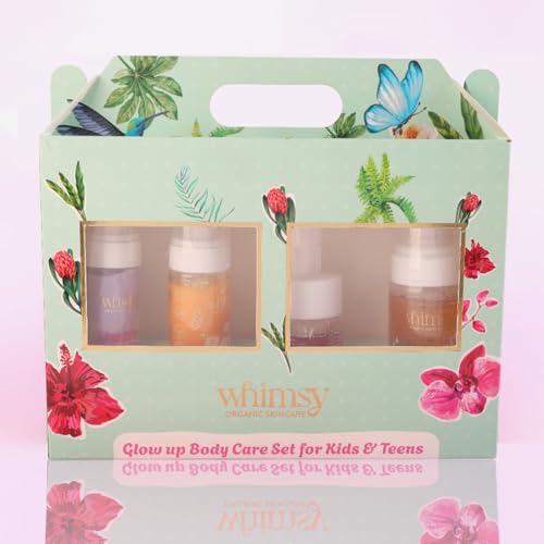 Image of Whimsy Beauty Glow Up Body Care Set (Pack of 4) | Foaming Body Wash, Face Wash, Moisturizer & SPF 50 Sunscreen Spray | Gentle Skincare with Aloe Vera, Shea Butter & Vitamin E | 4 to 16 Years | Organic, Natural Formula | Sulfate & Paraben Free | Dermatologist Tested