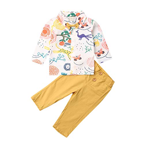 Toddler Kid Boy Dinosaur Print Long Sleeve Bowtie Button Down Shirt Tops Pants Set Baby 2Pcs Gentleman Clothes (A # Animal Print Shirt + Yellow Pants, 3-4T)