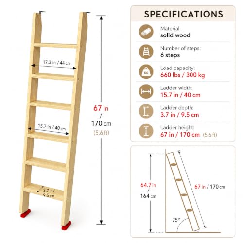 Image of 50 inch 55 inch 60 inch Black Wood Bunk Bed Ladder, Lofted /Dorm /RV Bed Bunkbed Ladders with 4in Extra Wide Steps and Non-Slip Pads, Replacement Wooden Ladder for Motorhome /Camping (Wood Color, 67in /170cm)