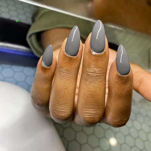 Gray Press on Nails Almond Shaped Nails Press ons, Medium Fake Nails Almond Acrylic Nails Glue on Nail Medium Length False Nail for Women Thick Natural Gel Stiletto 24Pcs