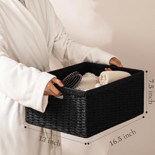 UBBCARE 2 Pack Wicker Basket, 16.5L×13H×7.5W inch Woven Paper Rope Storage Baskets for shelves, Foldable Rectangular Storage Baskets with Handle, Storage Basket for Organizing, Black by UBBCARE - Image 2