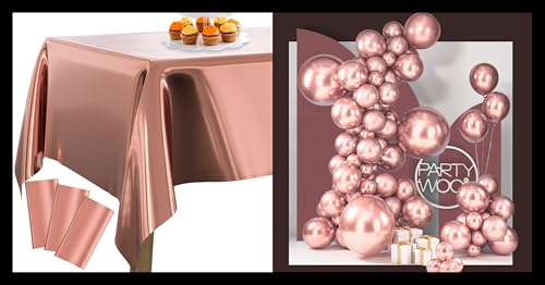PartyWoo Rose Gold Foil Tablecloth 3 Pack Metallic Rose Gold Balloons 100 pcs