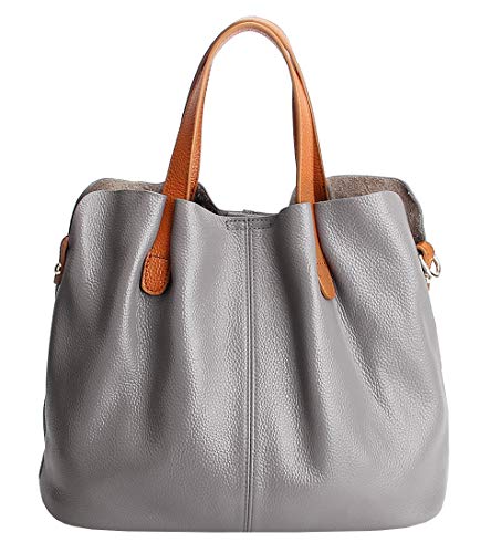 Molodo Womens Satchel Hobo Top Handle Tote Geuine Leather Handbag Shoulder Purse,Grey,Large