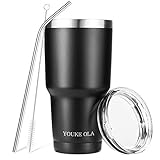 Stainless Steel Tumbler 30oz - Vacuum Insulated Tumbler Coffee Cup Double Wall Large Travel Mug with Lid, Straw, Brush, Gift Box Set (Black)