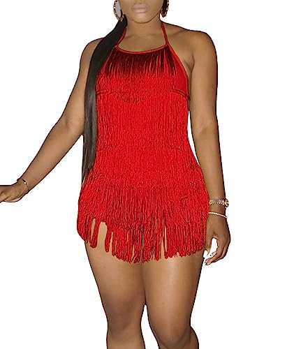 SEMATOMALA Women's Halter Tie Neck Tassel Tiered Flapper Dresses Sleeveless Backless Layered Fringe Latin Dance Dress RE-M